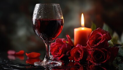 Rich red wine rests beside burning candle and deep crimson roses in dim light