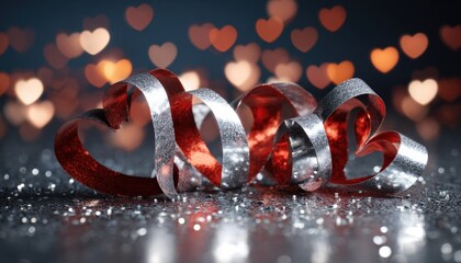 Intricate metallic ribbon shaped into hearts rests upon a surface covered in shimmering particles against a background of soft, glowing lights