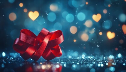 Bright red satin bow rests on sparkling surface with warm heart shaped lights in background