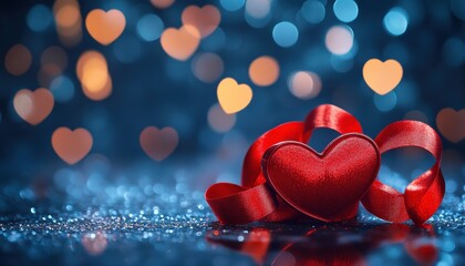 Shiny red heart adornment rests upon glittering surface with festive bokeh background