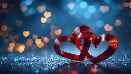 Two intertwined red ribbon hearts rest upon a sparkling surface with illuminated background shapes