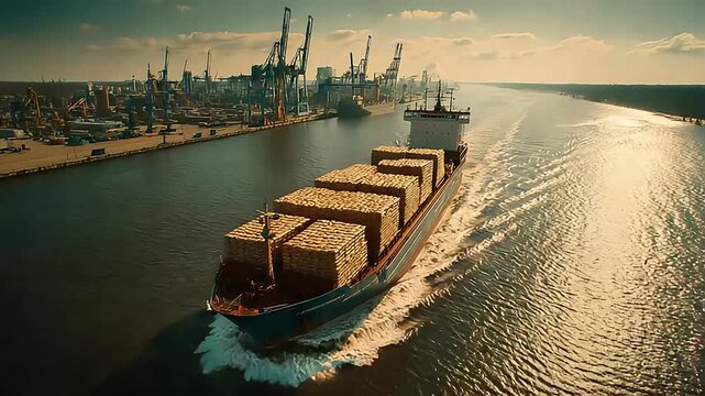 A dry cargo ship, laden with burlap grain sacks and bulk fertilizer bags, is guided by tugboats as it nears the port.
