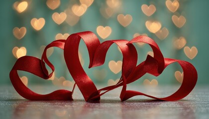 Two interconnected heart shapes formed from a single, deep red satin ribbon rest on a shimmering surface with a soft background of bokeh lights.
