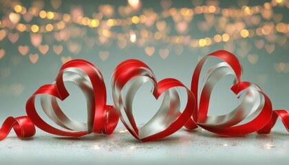 Three dimensional sculpted ribbons form romantic heart shapes against a festive glowing background