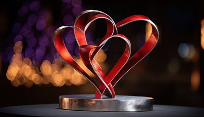 Intertwined metallic ribbons form an abstract sculpture symbolizing affection displayed against a soft, illuminated background.