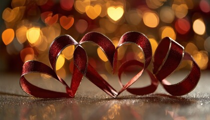 Two intertwined crimson ribbon shapes form hearts against a background of warm, glowing bokeh lights