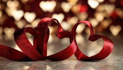 Two intertwined deep red satin ribbons form heart shapes against a warm background of glowing lights.