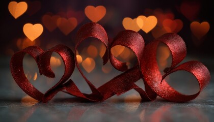 Narrow focus captures twisted crimson ribbon forming multiple heart shapes against a dark background with glowing bokeh lights