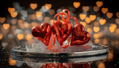 Three shiny red metallic hearts are displayed with ribbons atop a reflective surface against a background of heart-shaped bokeh lights