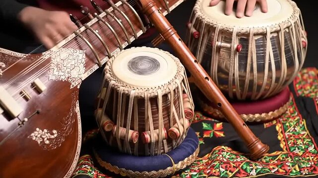 Indian Sitar with Tabla, Flute, and and textile.