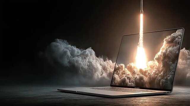 A dynamic video concept showing a rocket launching from a laptop screen. Captured from a front angle, symbolizing innovation and technology.