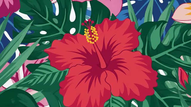 Graphic Animation of Red Hibiscus Flower and Tropical Leaves