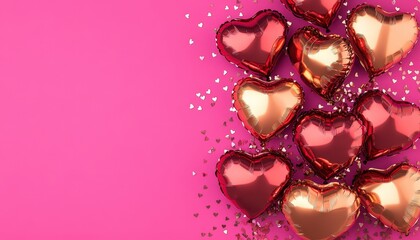 Numerous metallic heart shaped balloons and tiny confetti decorate the bright pink background border