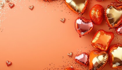Metallic heart shaped foil balloons and glitter scattered on a warm colored background create a celebratory frame