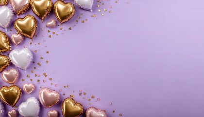 Numerous metallic heart shaped balloons and confetti scatter across a light purple background in the upper left corner.