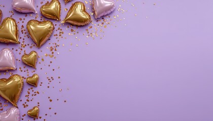 Numerous heart shaped balloons and sparkling confetti decorate the corner of a solid lilac background