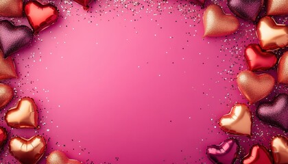 Shiny metallic heart shaped balloons frame a vibrant pink background with scattered glitter particles