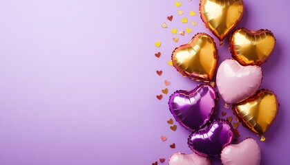 Assorted metallic heart shaped balloons and confetti rest on a pastel purple background