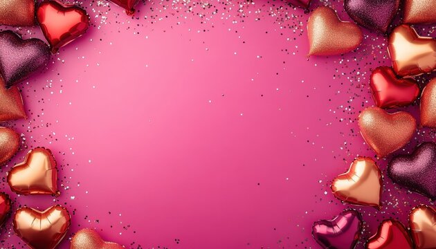 Shiny metallic heart shaped balloons frame a vibrant pink background with scattered glitter particles