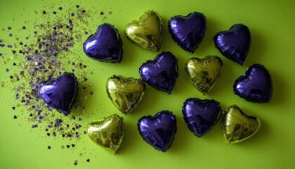 Numerous heart shaped metallic balloons adorn a vibrant lime green surface scattered with matching confetti