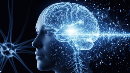 Futuristic Human Brain with Glowing Neural Network. AI Concept, Digital Mind, Intelligence, Technology, Thought