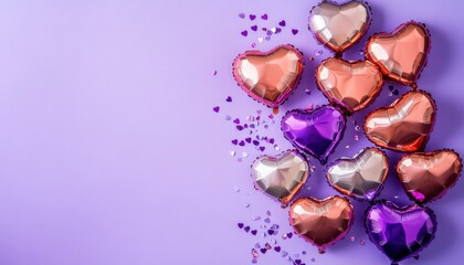 Assortment of metallic heart shaped balloons and confetti scattered on a solid lavender background providing copy space