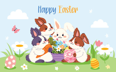  Cute Easter greeting card with adorable rabbits. Happy bunnies with eggs, flowers and baskets on spring backgrounds. Flat vector poster collection for Easter holiday design. © m_matvi