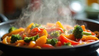 Colourful vegetables like broccoli, peppers, and onions are sauteed in a pan, emitting steam. This healthy dish is prepared in a kitchen for a delicious meal.