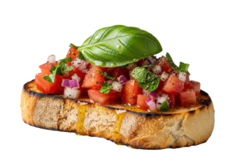 Rustic toasted bread slice with vibrant diced tomatoes, red onions, fresh herbs, basil, and olive oil, on white surface with transparent background, appetizing Italian food concept