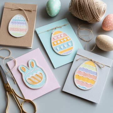 Easter stickers, pastel cards, twine, and scissors on a light desk in a creative flat lay for spring crafts