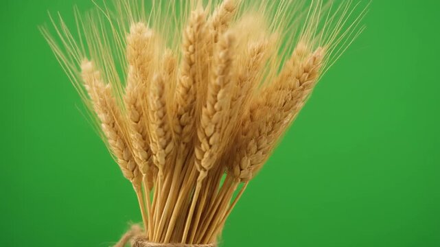 A close-up shot of a bundle of ripe wheat stalks tied together with twine against a green background.