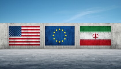 The flags of the United States, European Union, and Iran painted on a concrete wall under a blue sky