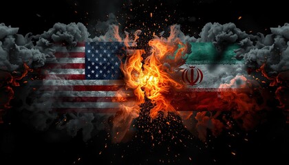 A dramatic image of the American and Iranian flags engulfed in flames and smoke