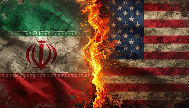 A dramatic image of the Iranian and American flags with a fiery divide