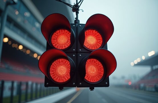 Racing start lights glow red indicating a race stop or delay. Four red bulbs are illuminated against a blurred track and grandstand background.
