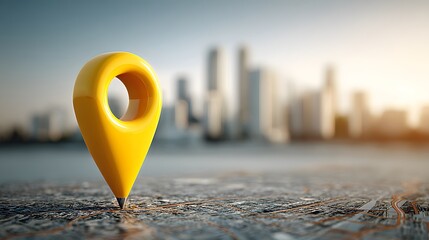 Glossy yellow location pin icon standing on a detailed 3D city map with blurred urban skyline background. Navigation and logistics concept.