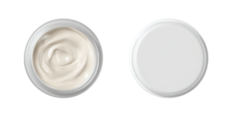 Creamy white cosmetic product in open and closed containers