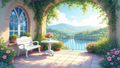 Obraz premium Terrace with white bench and table overlooks lake and green hills. Sunlight streams onto potted pink flowers and rich vines. Tranquil water, blue sky, and mountains create peaceful outdoor setting.