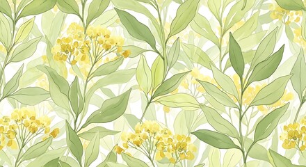 Watercolor botanical pattern with leaves and yellow flowers subtle design