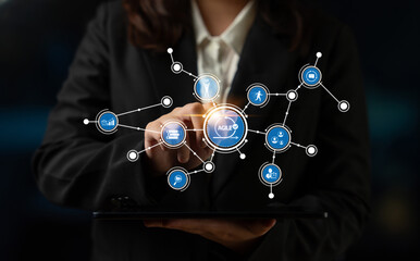 A business professional engages with a digital tablet, showcasing an interactive network of agile management icons, highlighting modern workflows and data visualization techniques. Tessel