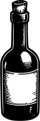 A blank glass red wine bottle and perfume bottle vector illustration with a cork and black label for a winery bar beverage design or celebration