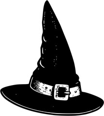 Topi penyihir hitam berbentuk kerucut yang terpisah adalah aksesori kostum penyihir sihir dan aksesori kepala untuk pesta liburan dalam ilustrasi mode Halloween fantasi.
