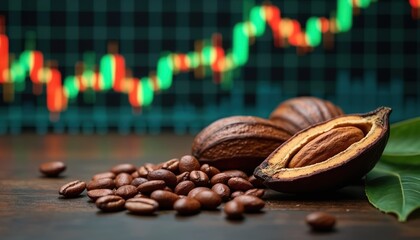 Cocoa beans and pods sit on a wooden surface with a blurred stock market graph in background. Agricultural commodity trading, food industry economics and finance.