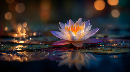 Luminous pink lotus flower floating on calm dark water with magical sparkling bokeh lights. Serene spiritual pond background.