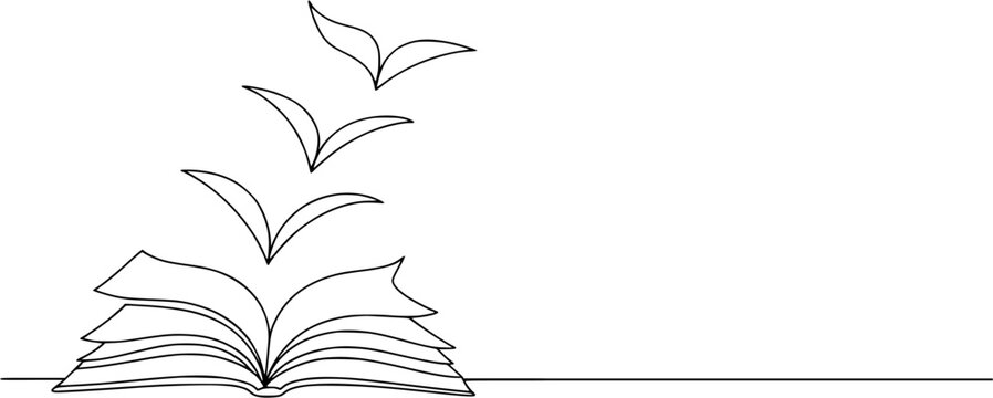 Vintage black vector illustration of an open paper book with a floral nature frame design featuring summer flowers and leaves for an education logo or knowledge symbol ornament