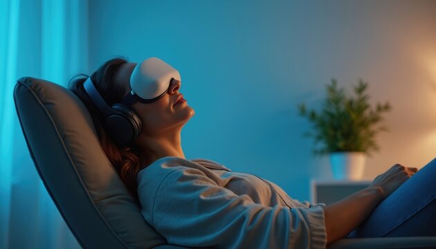 Woman reclines in chair wearing headphones and eye mask. She experiences calm relaxation during a therapy session. Mindful experience in dark room.