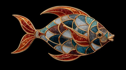 Polished metallic fish emblem with streamlined scales and fin details. Minimalist silver aquatic logo isolated on a dark surface.