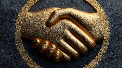 Metallic golden handshake icon enclosed in a circular frame. Concept of business agreement, partnership, success, and professional trust.