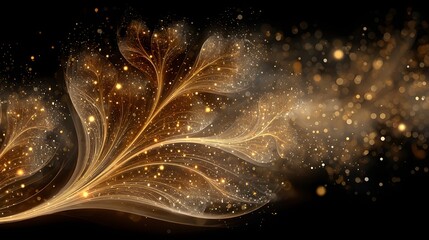 Abstract golden fluid shapes and swirling lines on deep black background. Elegant luxury movement and artistic background.