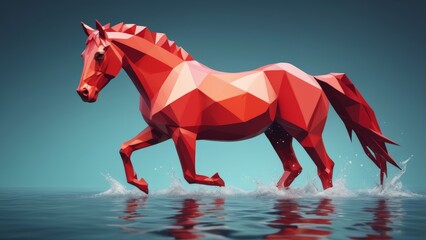 Red Low Poly Horse Standing and Running in Water Geometric Polygonal Animal Art Landscape_6